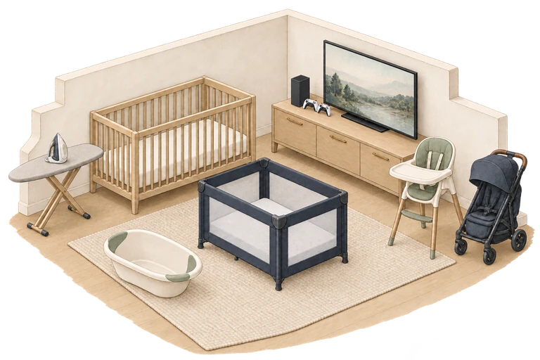 Watercolor family essentials with baby gear, television, game console and ironing board.